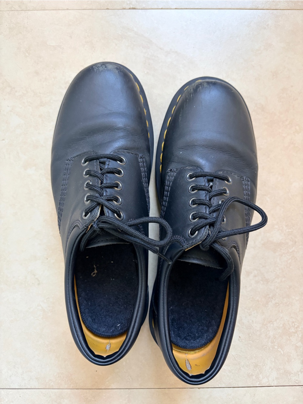 Dr. Martens Black Leather Lace-Up Oxfords with Yellow Stitching